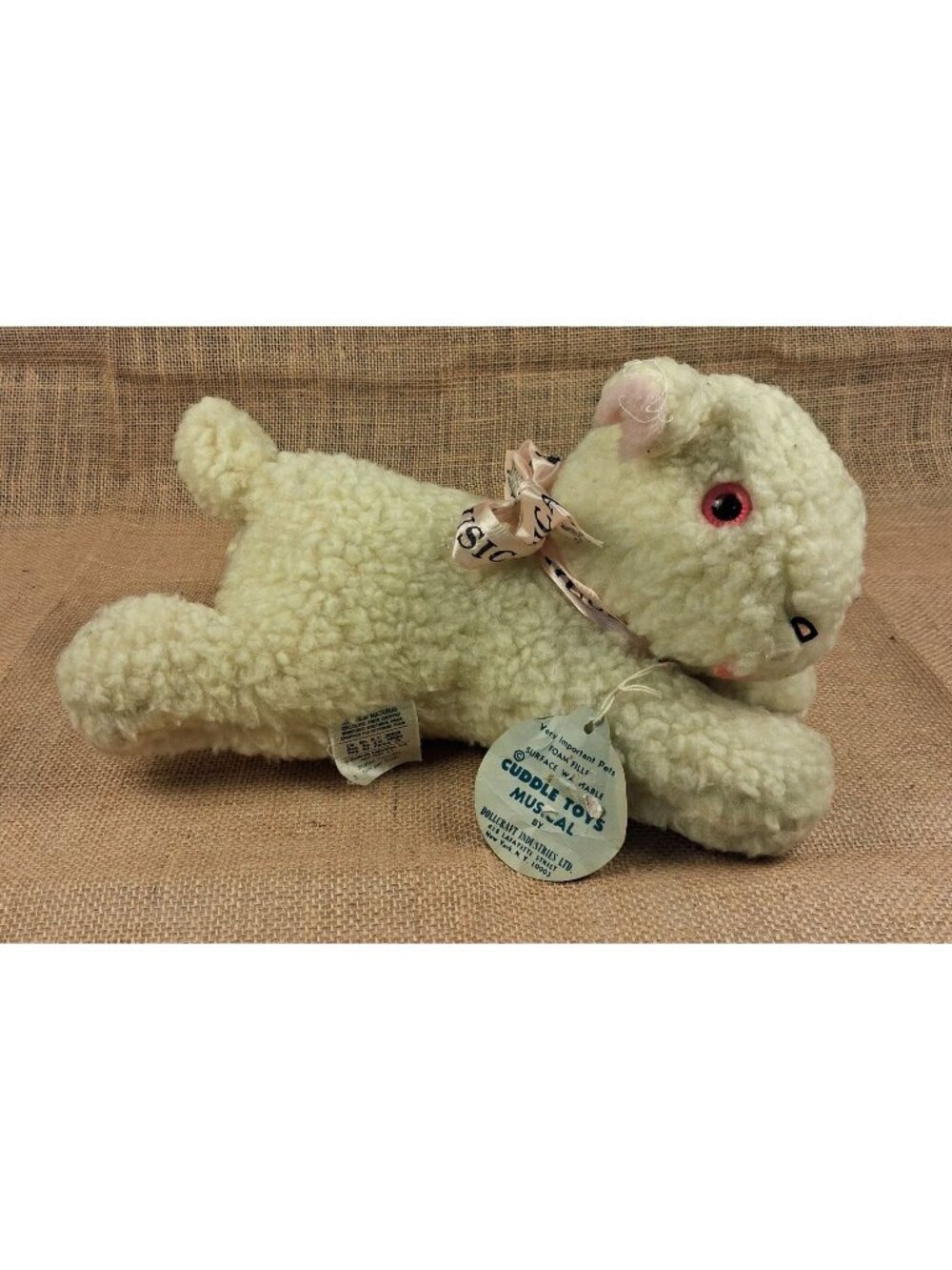 VTG 60's Dollcraft Cuddle Toys Lamb 13" Plush Wind-Up Musical Brahms Lullaby